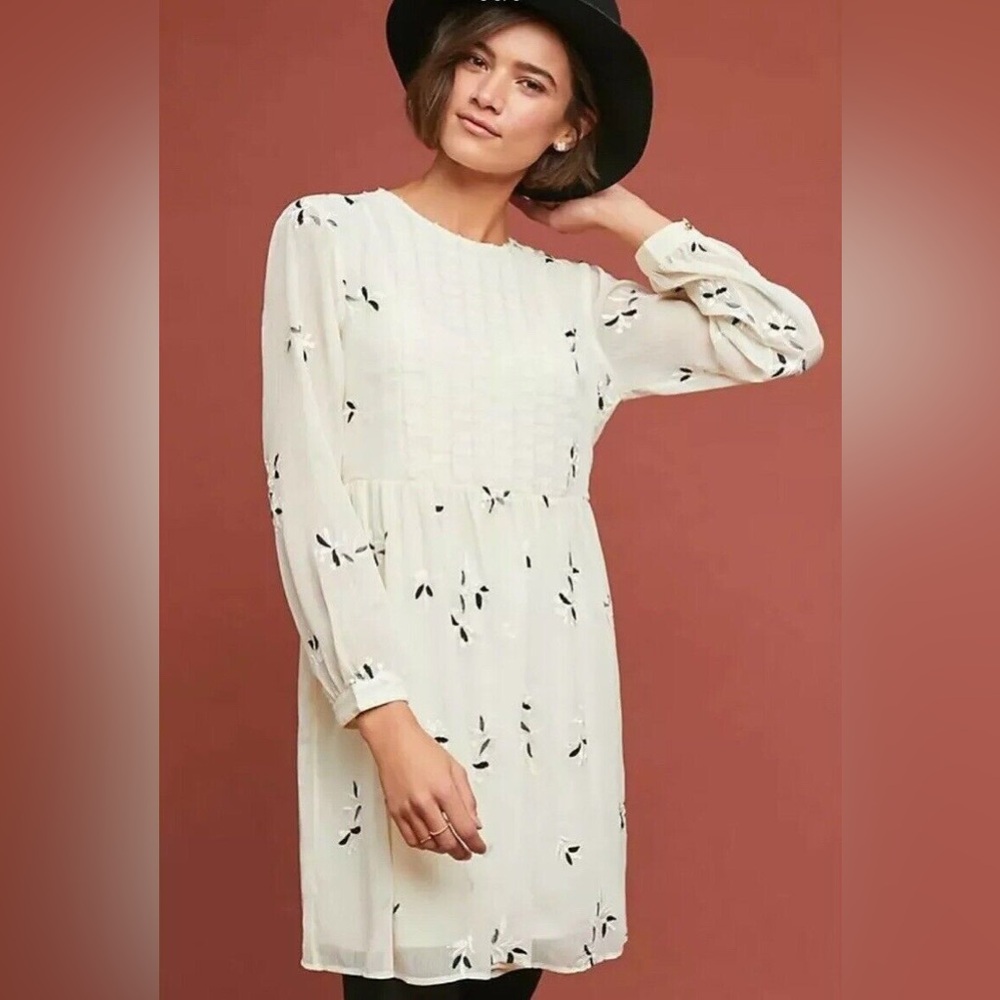 Anthropologie Feather Bone Feuille Tunic Ivory Sheer Floral Dress, Size 2